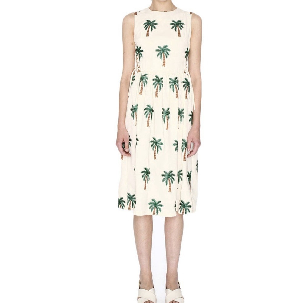 Pepaloves Palm Tree Dress Tropical Midi Sundress Cream Boho Beach Vacation